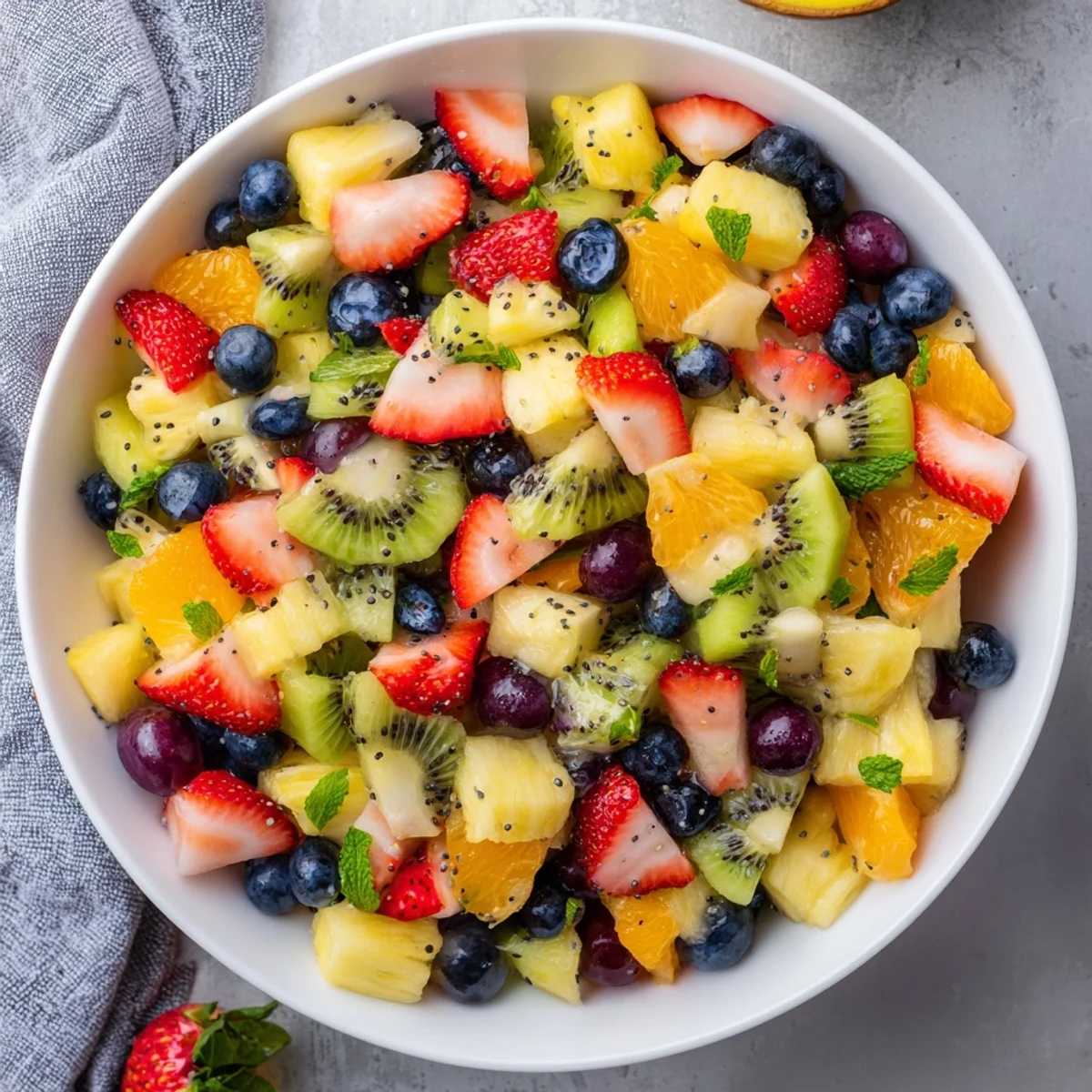 Festive Easter fruit salad with juicy berries, tropical pineapple, and citrus segments drizzled with lime honey glaze