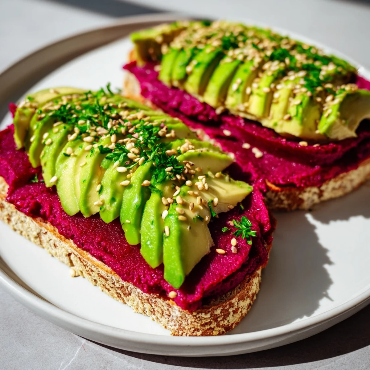 Vibrant open-faced avocado beet hummus toast topped with thinly sliced avocado and toasted sesame seeds on sourdough bread