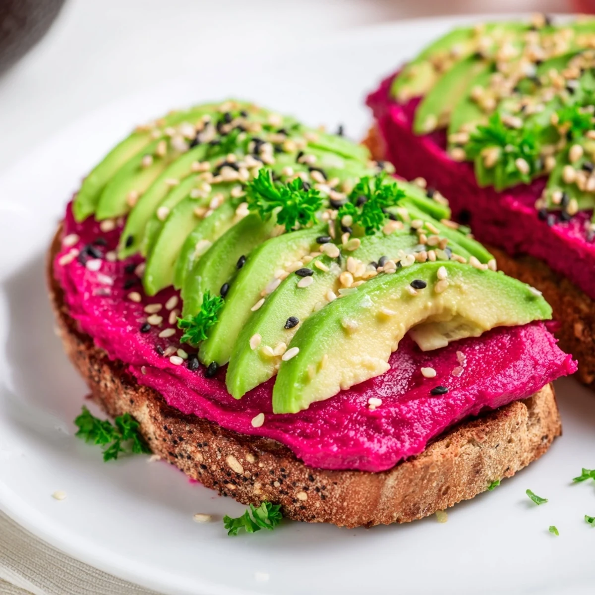 Healthy avocado beet hummus breakfast toast spread with bright pink hummus fresh avocado and cracked black pepper on artisan bread
