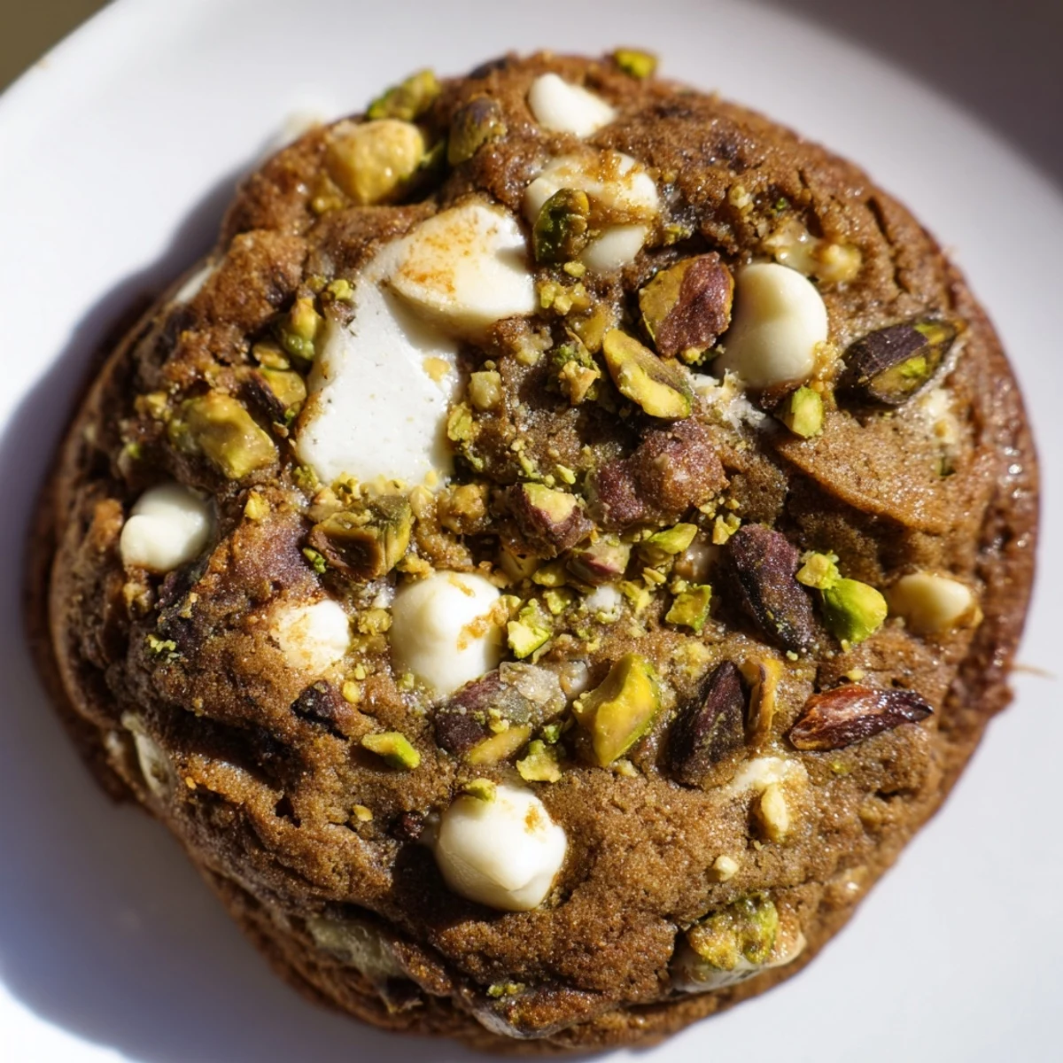 Freshly baked Dubai chewy cookie featuring pistachio pieces and soft date chunks