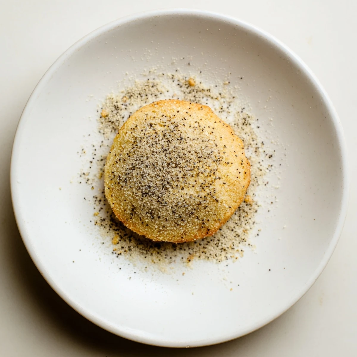 Soft golden lemon poppy seed cheesecake cookies oozing creamy white center on white plate