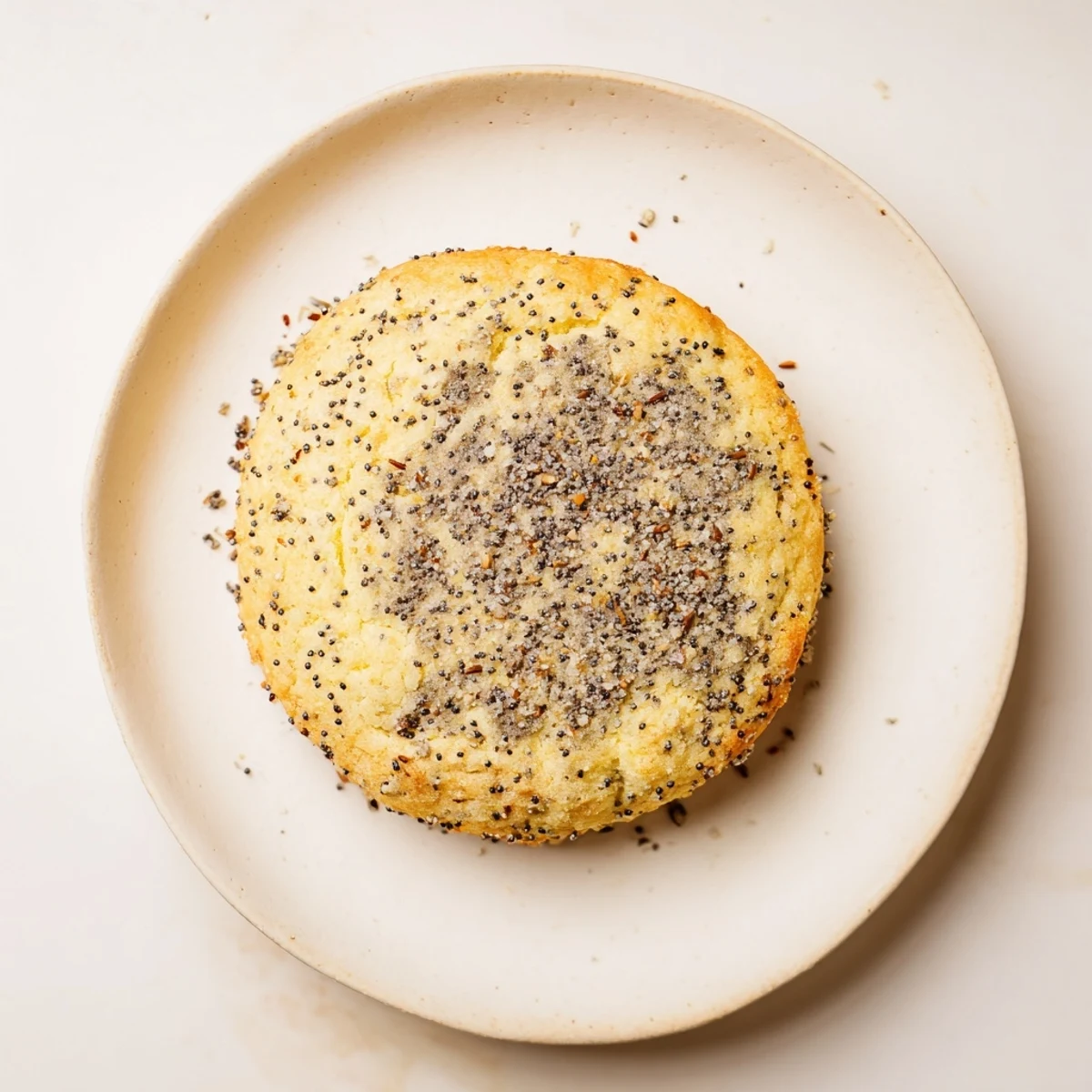 Stack of lemon poppy seed cheesecake cookies dusted with sugar and topped with lemon zest