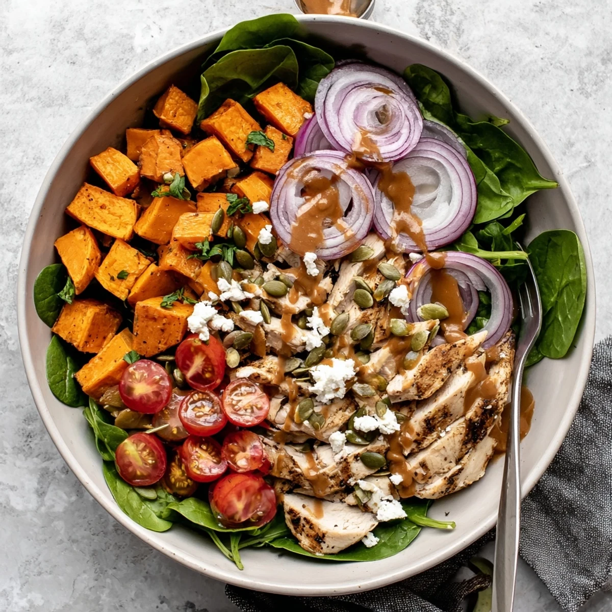 Golden glazed maple Dijon chicken slices resting over roasted sweet potato cubes and fresh baby spinach in a meal prep bowl