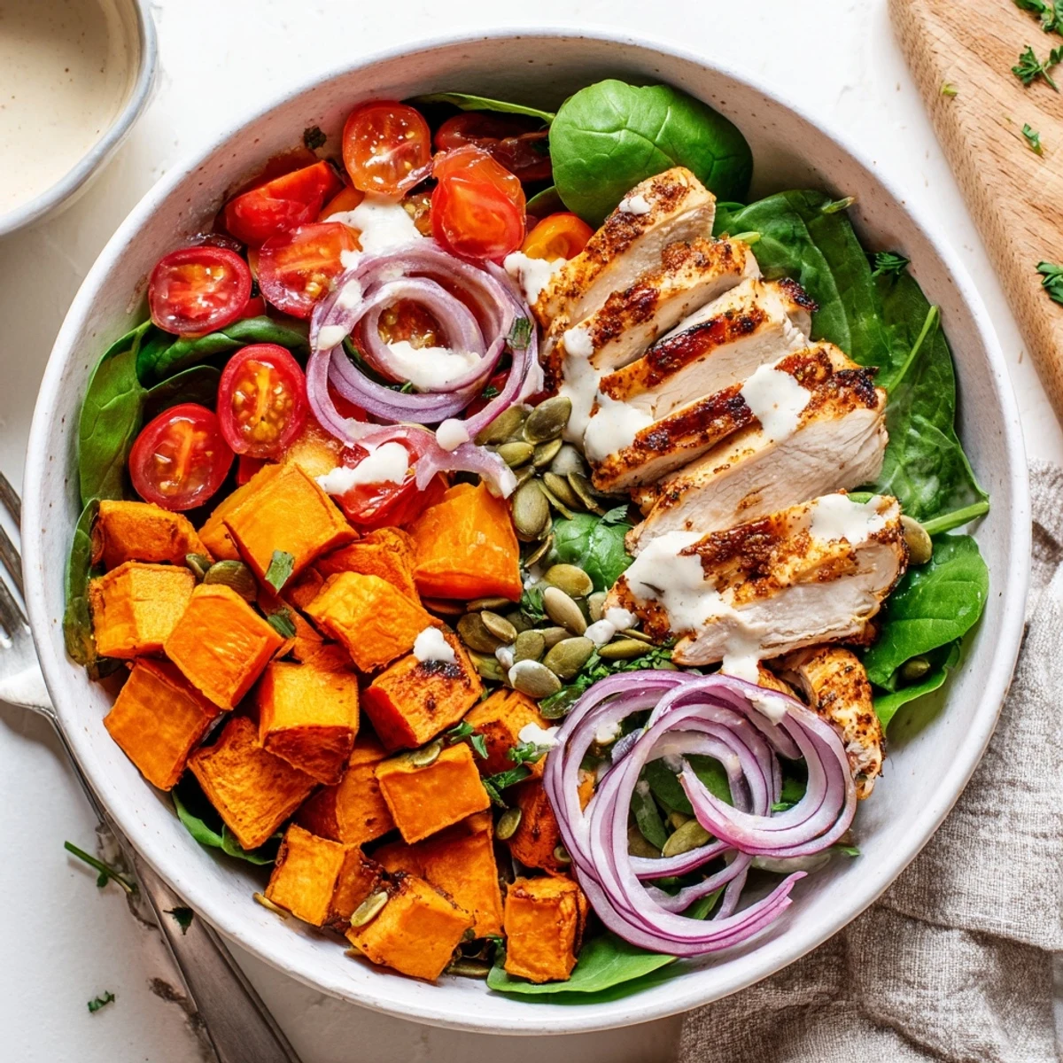 Juicy chicken breast with tangy maple mustard glaze paired with caramelized sweet potatoes and crisp vegetables in a wholesome grain bowl