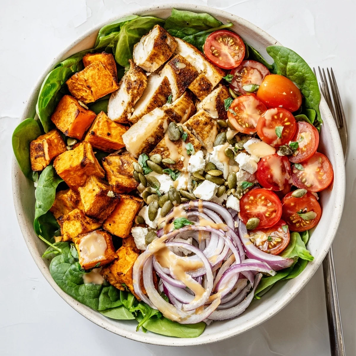 Sliced maple Dijon chicken arranged on a bed of roasted sweet potatoes and greens topped with feta cheese and parsley