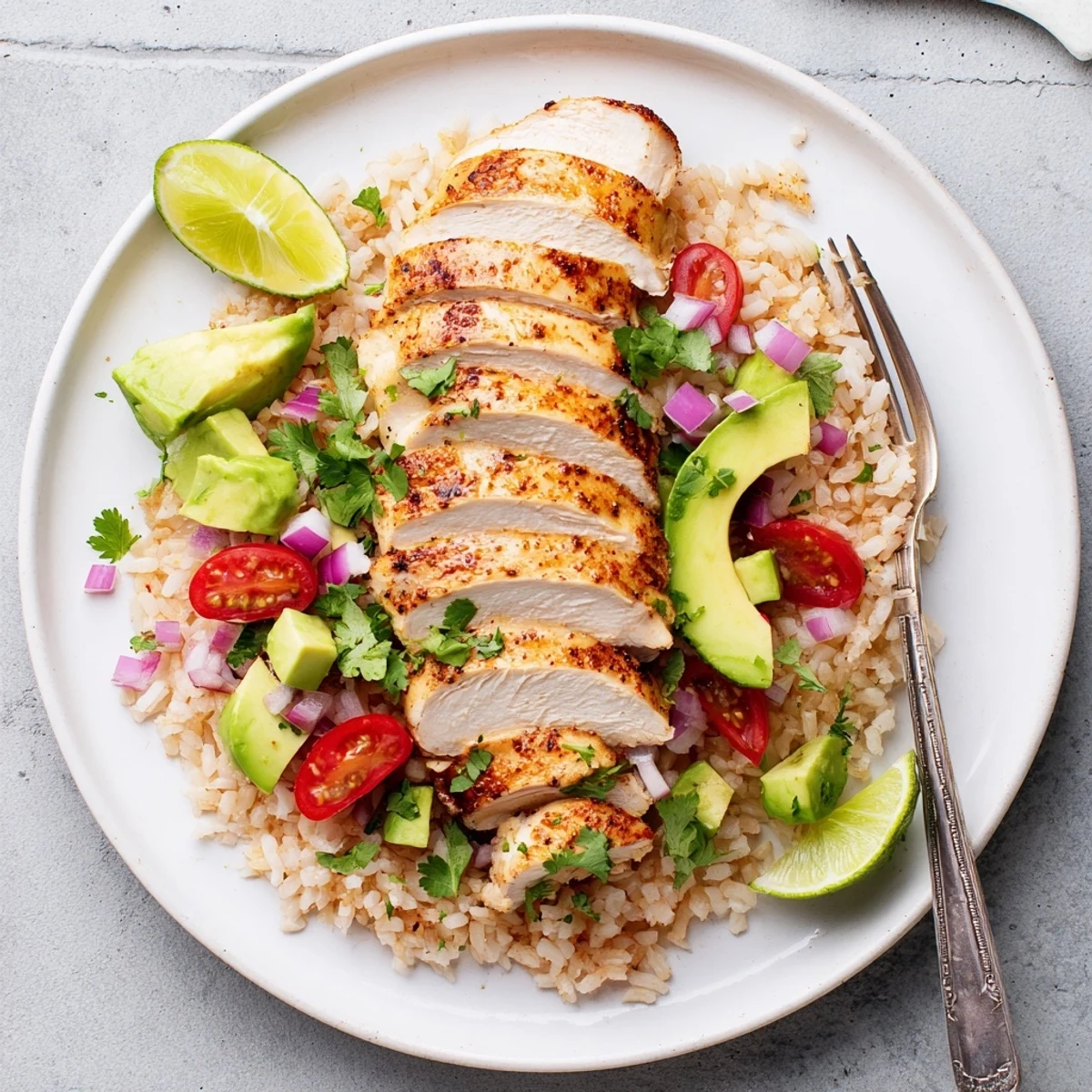 Honey lime chicken avocado rice stack layered with juicy sliced chicken, fresh diced avocado, and fluffy jasmine rice topped with red onion and cilantro garnish