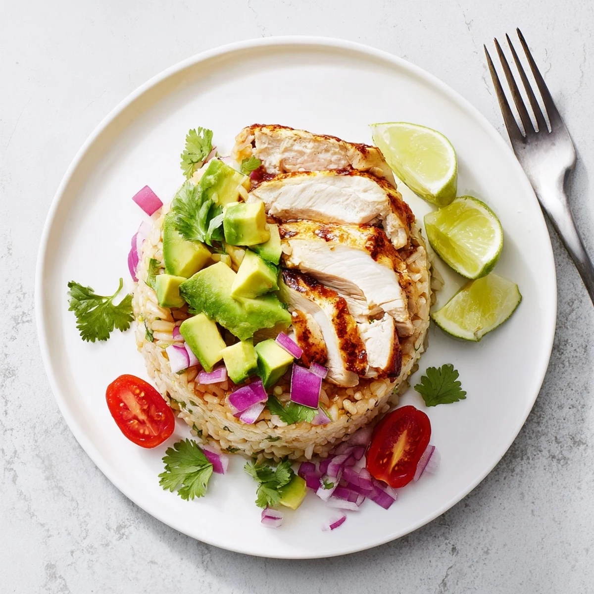 Tall stacked bowl of honey lime chicken avocado rice featuring tender marinated chicken breast slices, creamy avocado cubes, and vibrant vegetable toppings