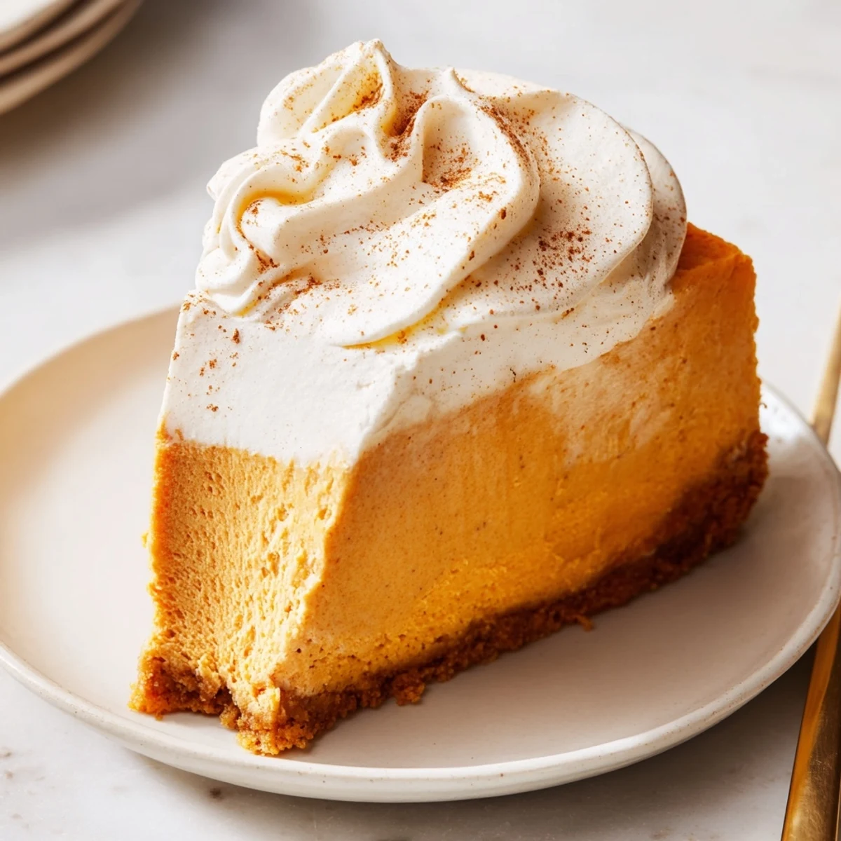 Creamy pumpkin spice Christmas cheesecake slice with whipped topping and cinnamon dusting on white plate