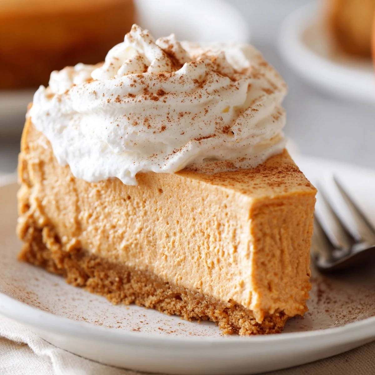 Golden graham cracker crust beneath smooth pumpkin spice cheesecake topped with fluffy whipped cream and festive garnish