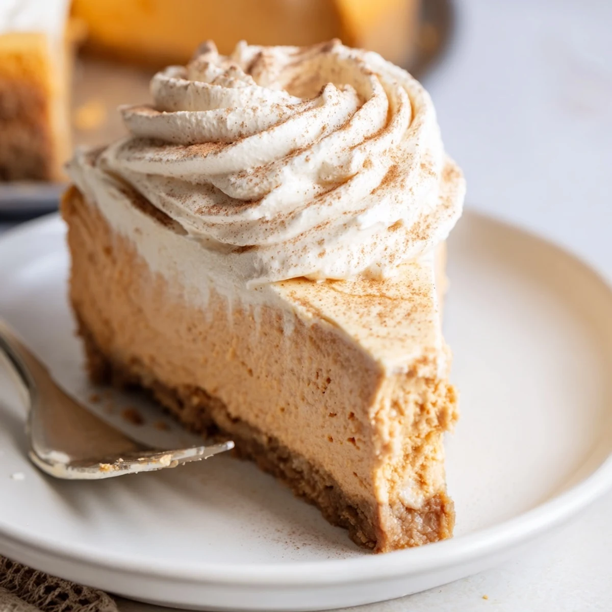 Holiday dessert featuring rich pumpkin spice Christmas cheesecake with spiced crust and vanilla whipped cream rosettes