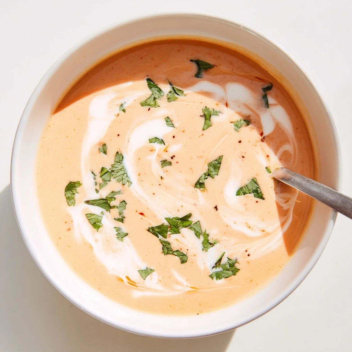 Creamy spicy apple soup recipe garnished with fresh herbs and coconut cream swirl