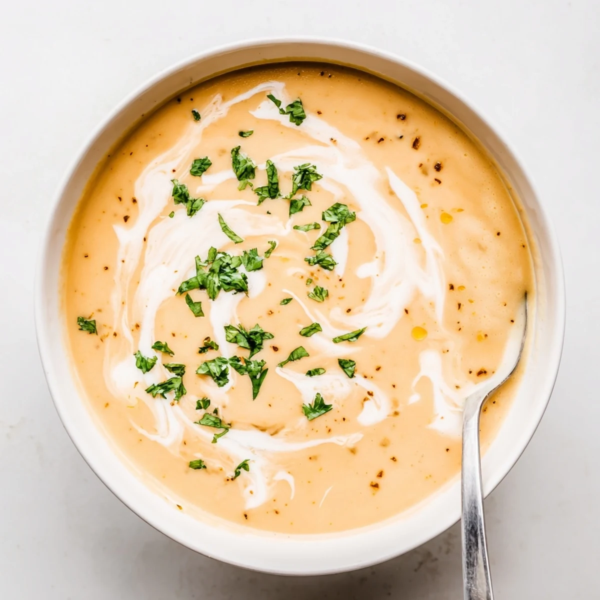 Golden bowl of spicy apple soup recipe featuring smooth pureed texture and red chili kick