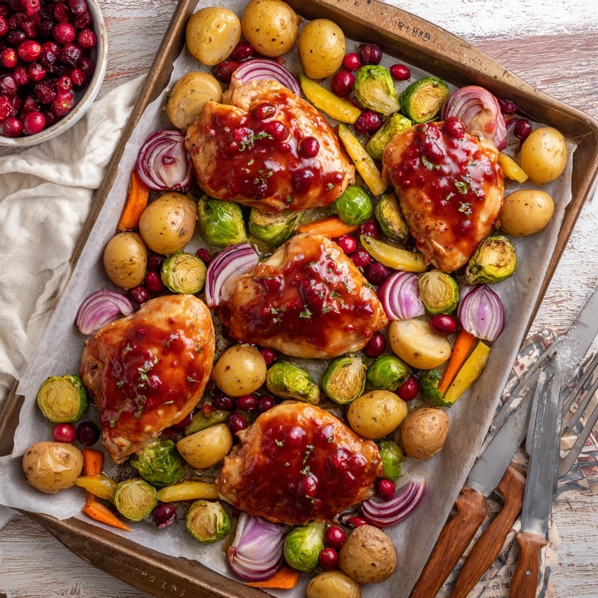 Golden roasted chicken breasts glazed with sticky honey cranberry sauce alongside colorful roasted vegetables on a baking sheet