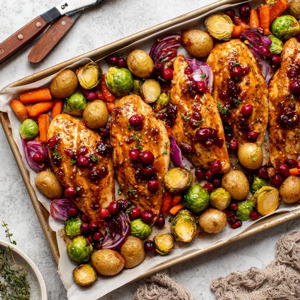 Juicy one pan honey cranberry chicken dinner with tender Brussels sprouts, potatoes, and caramelized red onion wedges
