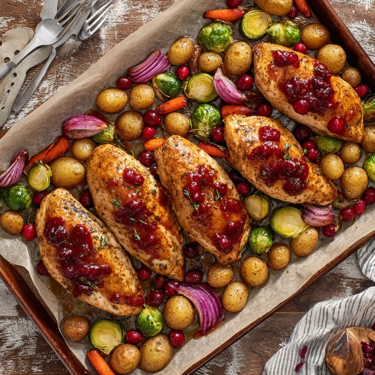 Rustic sheet pan meal featuring honey glazed chicken nestled with roasted seasonal vegetables and fresh cranberry topping