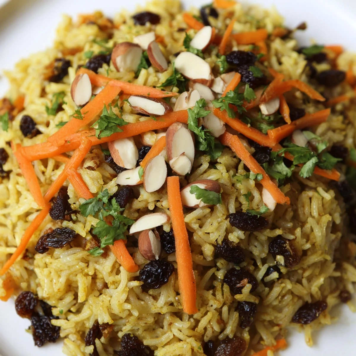 Golden Afghan rice topped with caramelized carrots, plump raisins, and toasted almonds in skillet