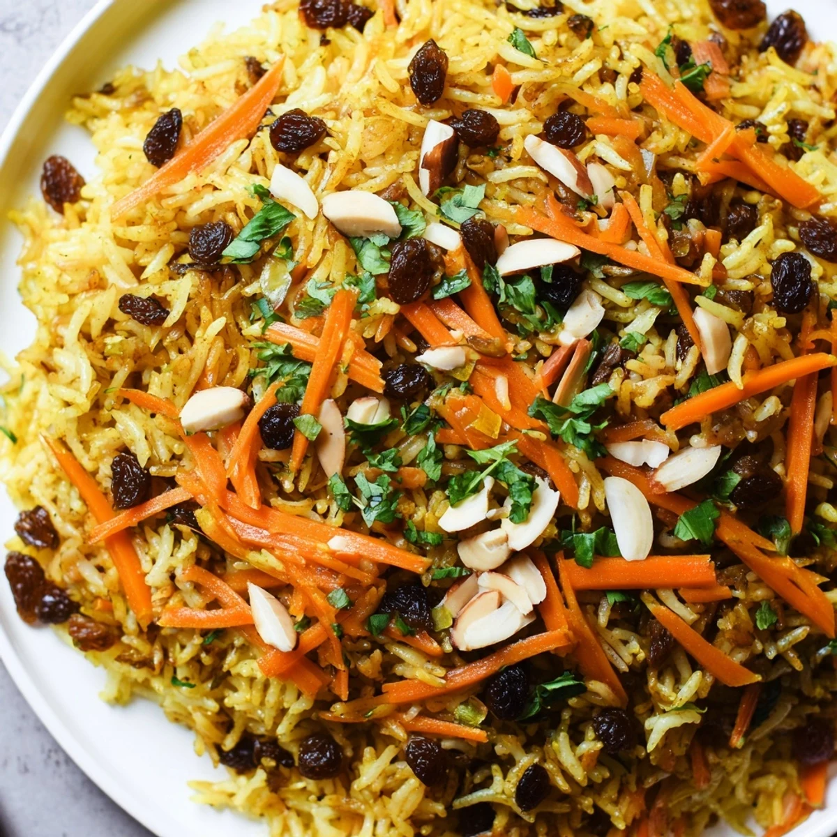 Fluffy Afghan rice pilaf flecked with warm spices and colorful carrot ribbons