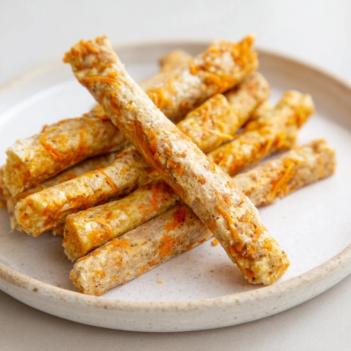 Golden homemade carrot and apple dog chew sticks arranged on parchment paper for wholesome treating