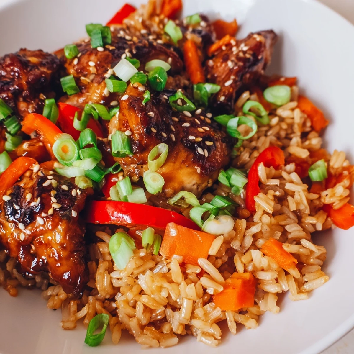 One Pan Korean BBQ Chicken and Rice served steaming in a cast iron skillet with colorful vegetables