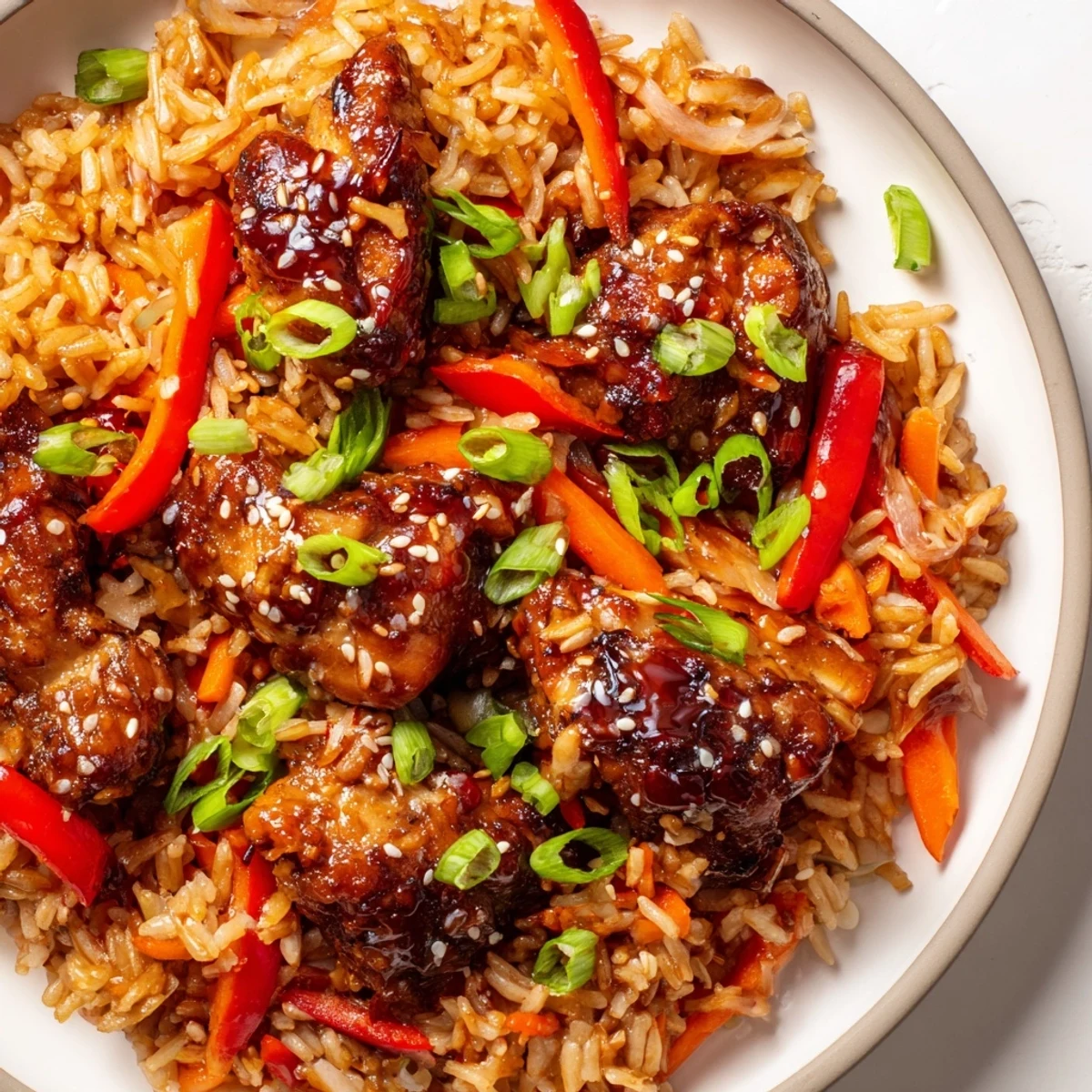 Tender glazed One Pan Korean BBQ Chicken and Rice topped with fresh green onions and sesame seeds