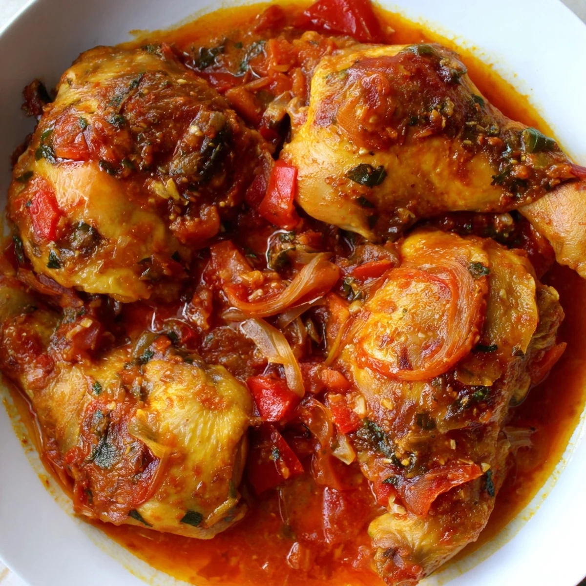 Tender Senegalese chicken simmered in rich tomato sauce with colorful bell peppers and aromatic spices