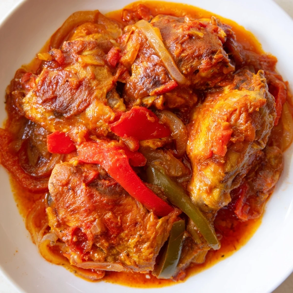 Golden brown Senegalese chicken pieces nestled in thick, flavorful onion and tomato stew