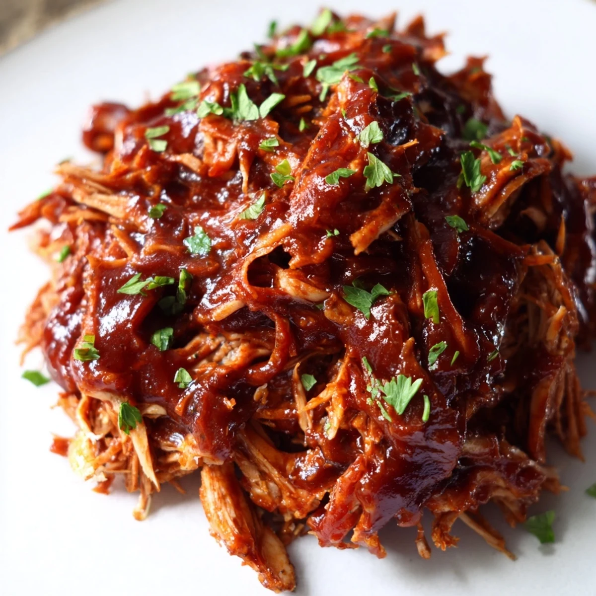 Tender Sweet Baby Ray's crockpot chicken glistening with rich barbecue sauce on a white plate