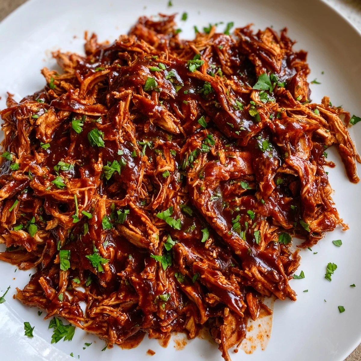 Slow-cooked Sweet Baby Ray's crockpot chicken shredded and coated in sticky, sweet homemade glaze