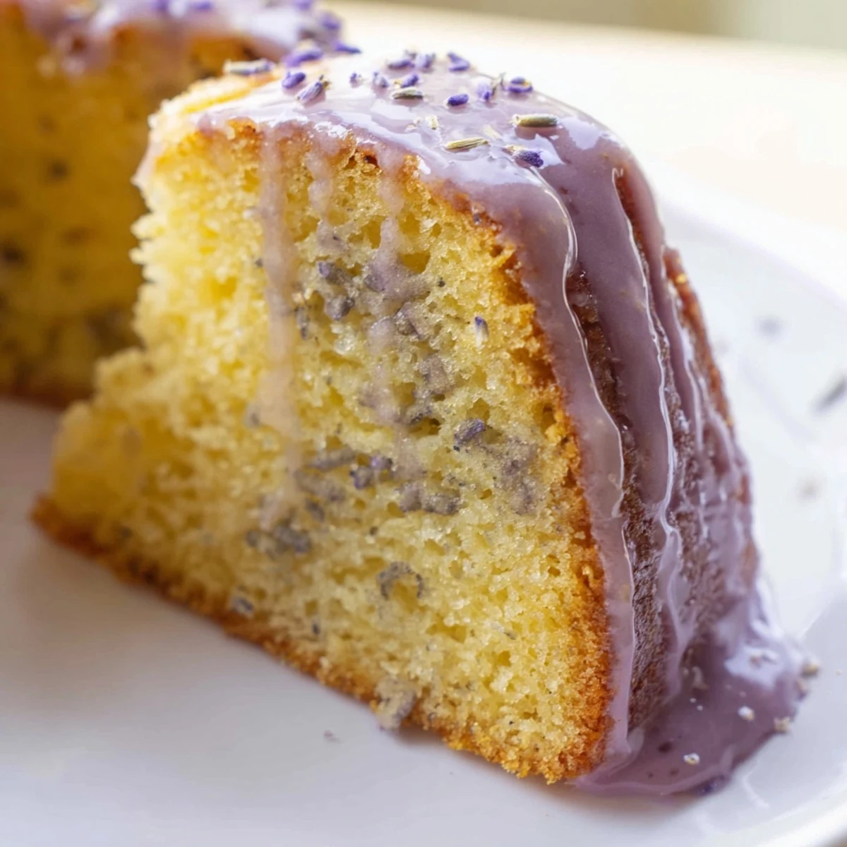 Moist lavender cake slice topped with glossy lemon glaze and scattered purple buds