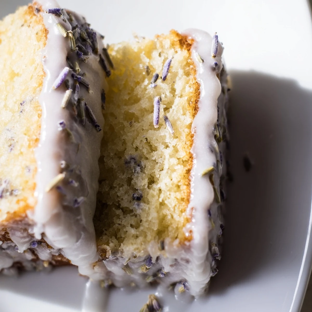 Soft lavender cake with sweet citrus drizzle on a white ceramic plate