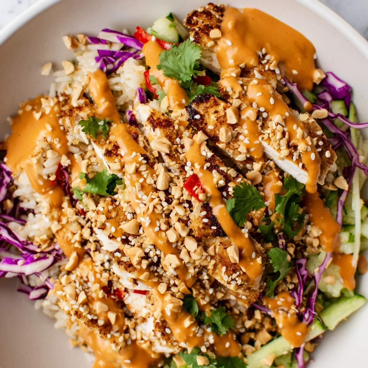 Golden crispy rice and sliced chicken top a colorful Bang Bang Chicken Crispy Rice Salad