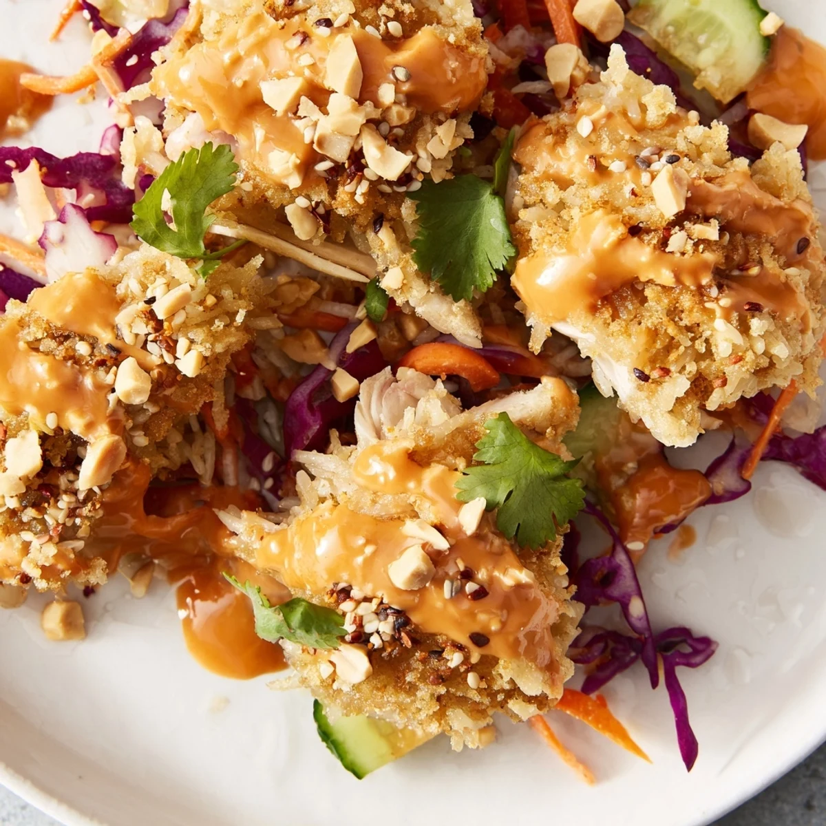 Creamy spicy sauce drizzles over crunchy vegetables and tender chicken in this vibrant salad