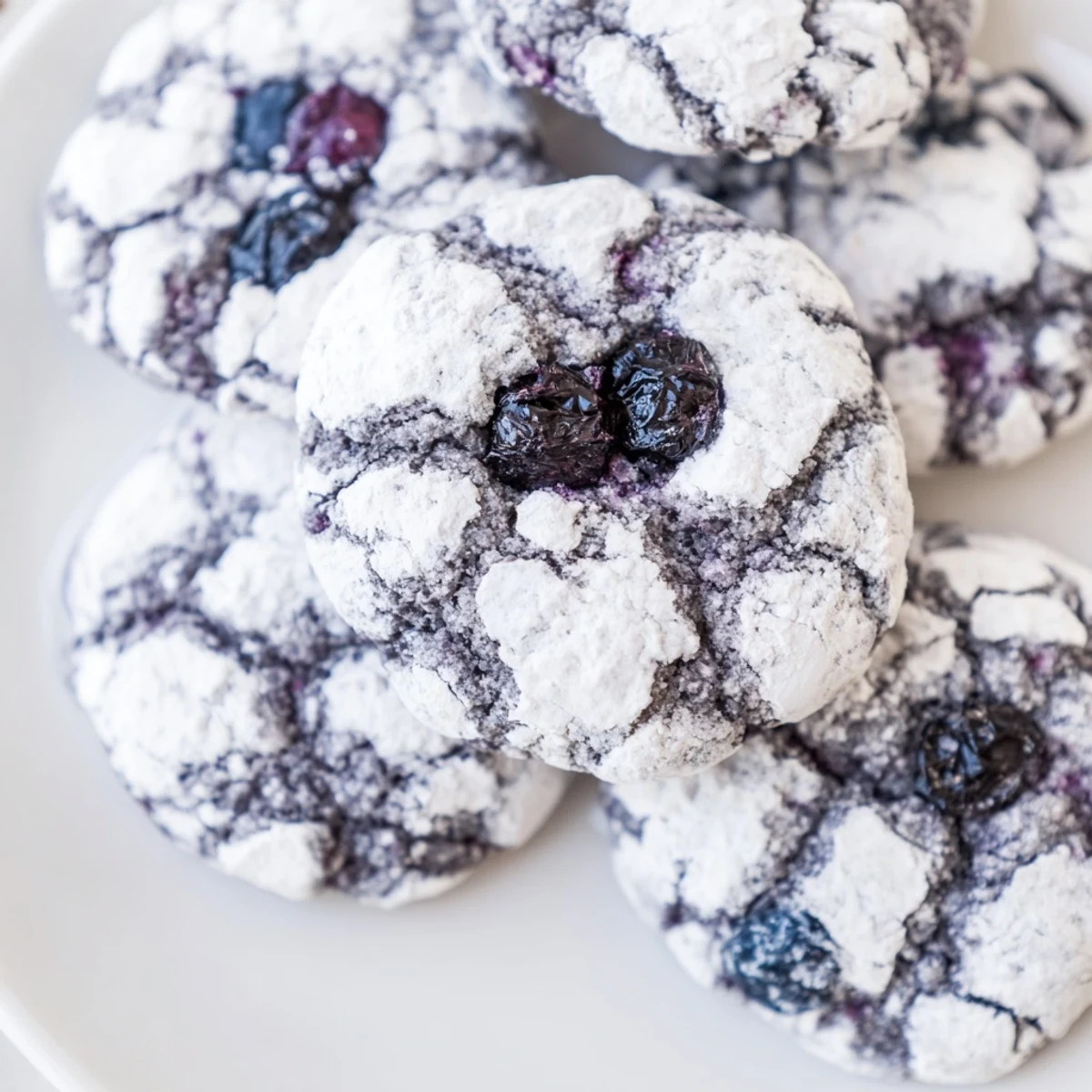 Soft blueberry crinkle cookies with powdered sugar coating on rustic wooden surface