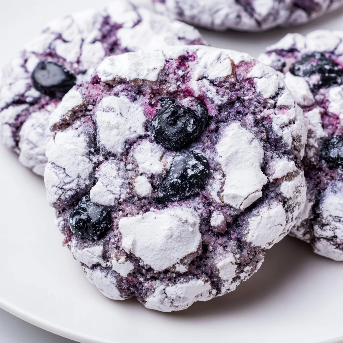 Golden blueberry crinkle cookies showing crackled tops dusted with white powdered sugar