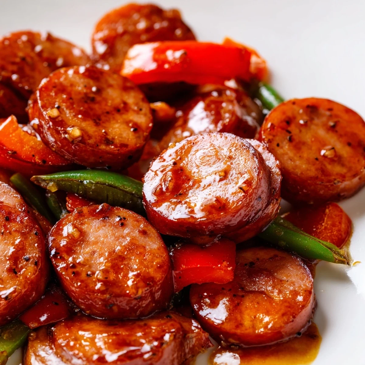Honey garlic kielbasa veggies sizzle in a cast iron skillet with colorful peppers and zucchini