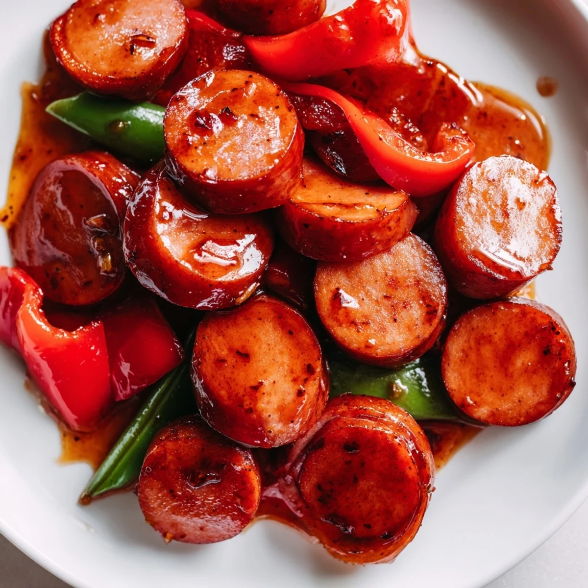Glossy honey garlic kielbasa veggies piled high on a white plate ready to serve