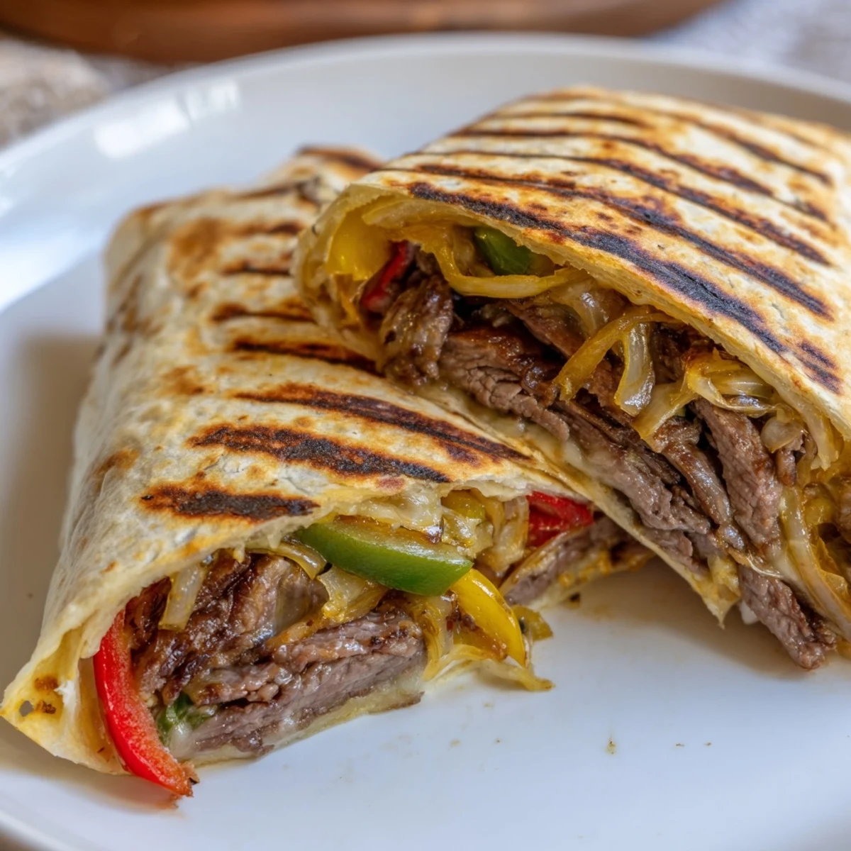 Golden crispy Philly cheesesteak grilled wraps with melted cheese and colorful peppers