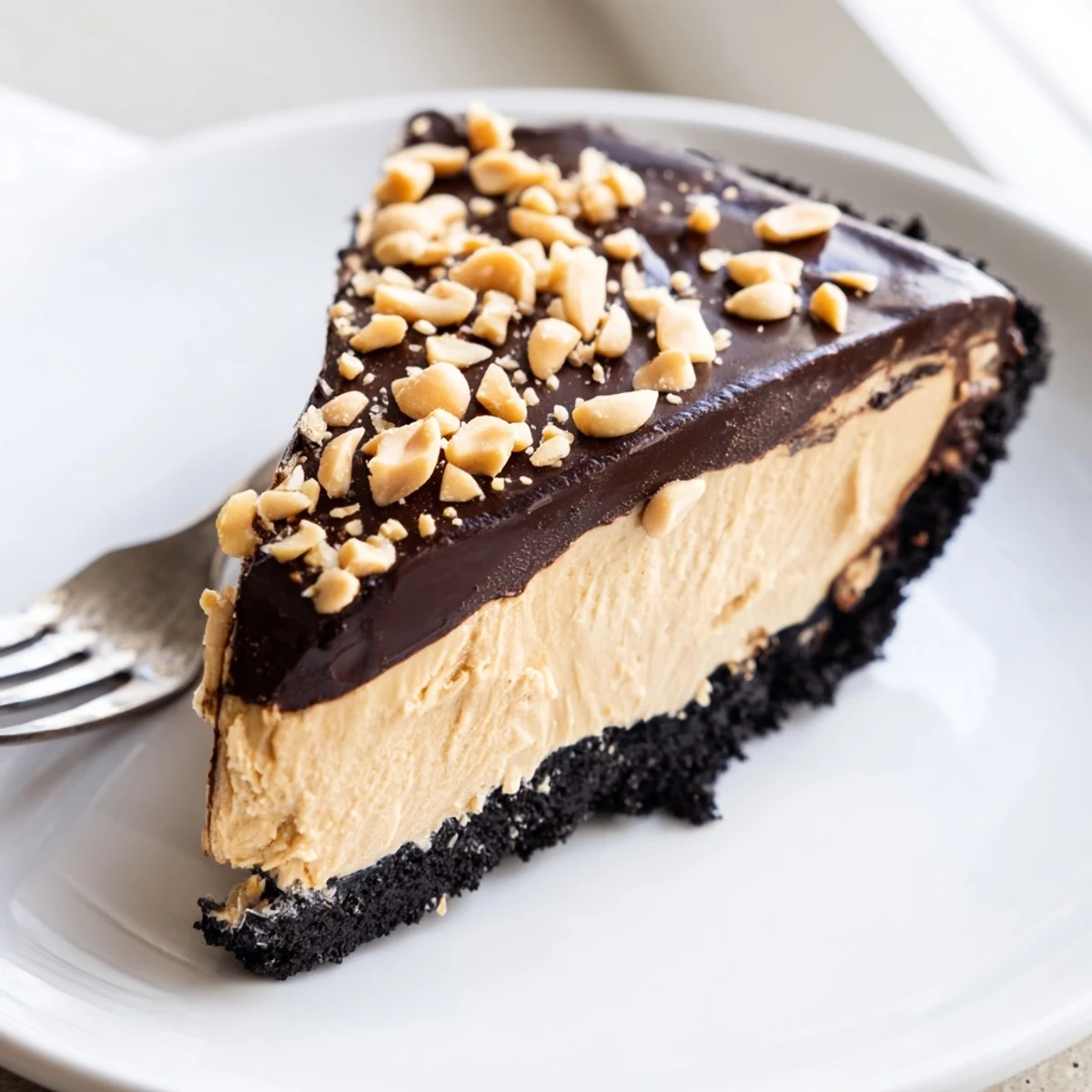 Creamy no bake peanut butter pie sliced and served on a white dessert plate
