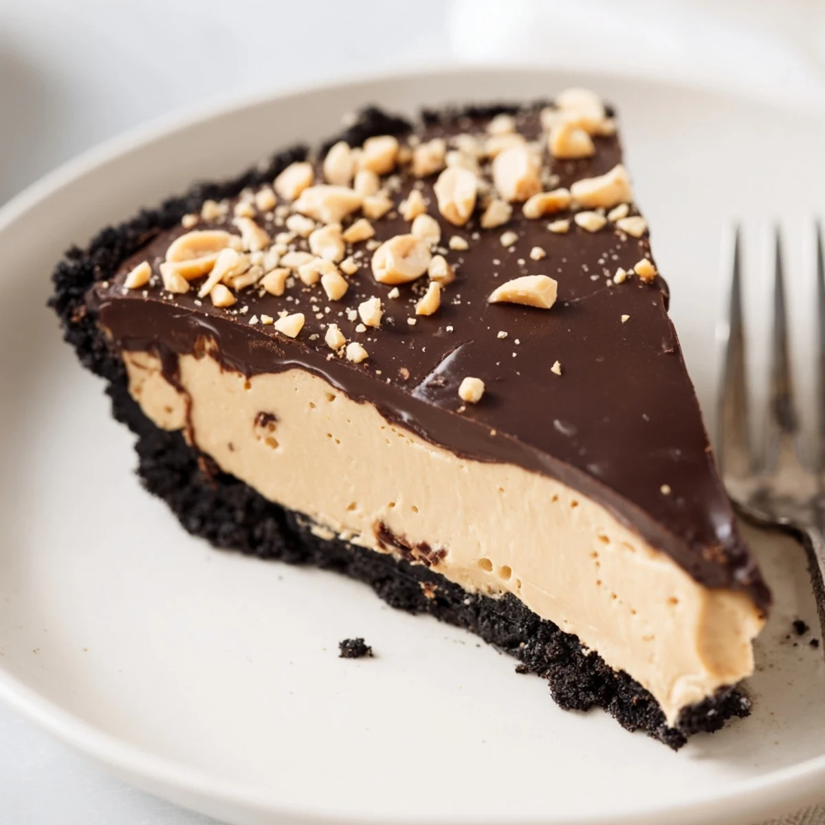 No bake peanut butter pie topped with glossy chocolate ganache and chopped peanuts
