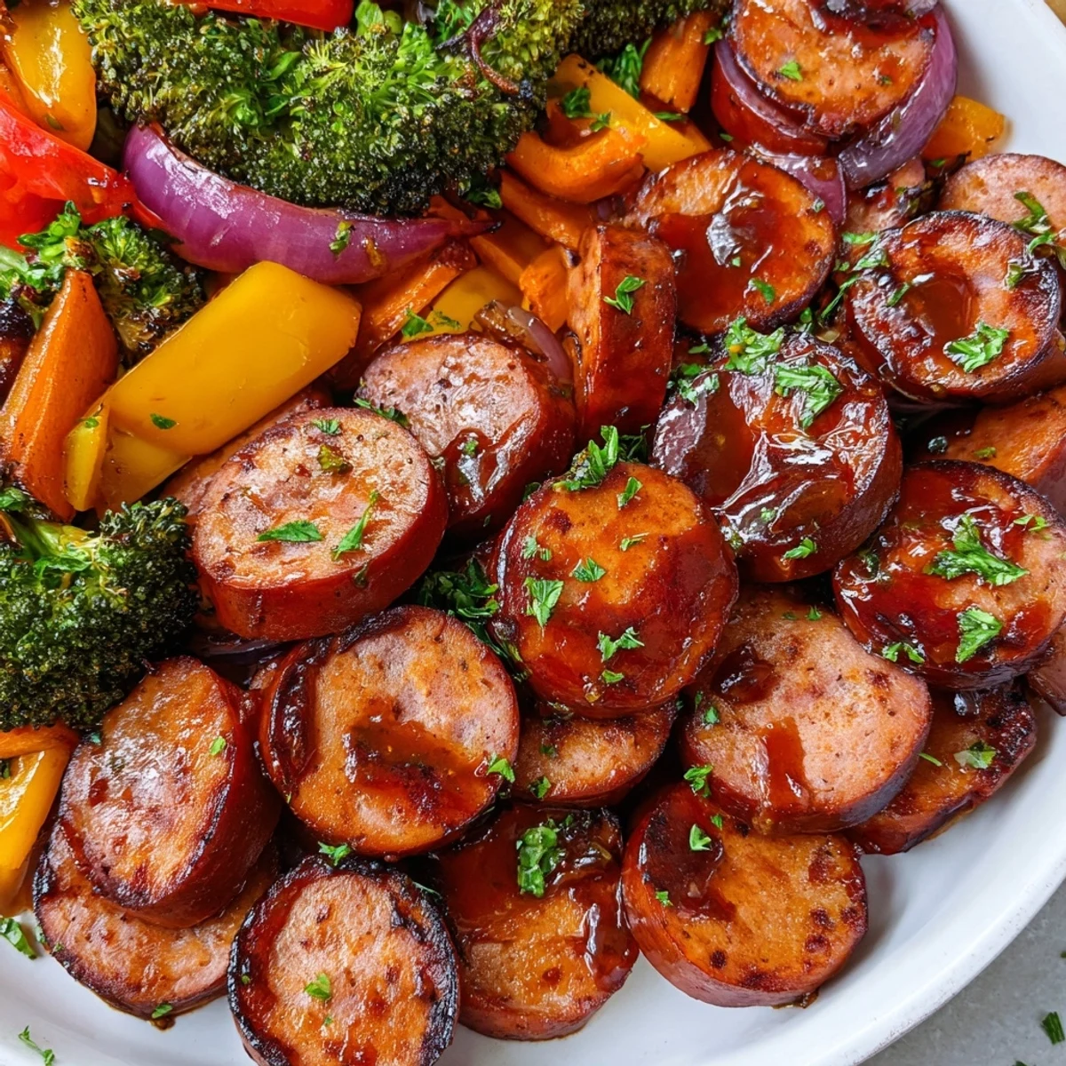 Golden honey garlic kielbasa roasted with colorful crisp vegetables on a sheet pan.