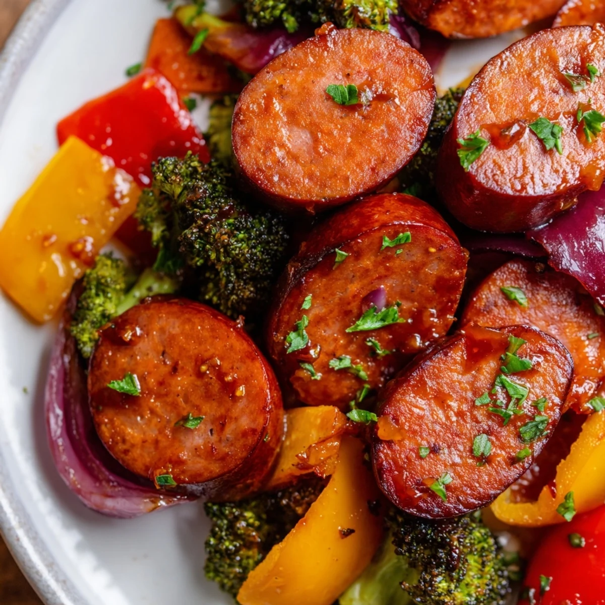 One pan honey garlic kielbasa with caramelized broccoli peppers and tender carrots.