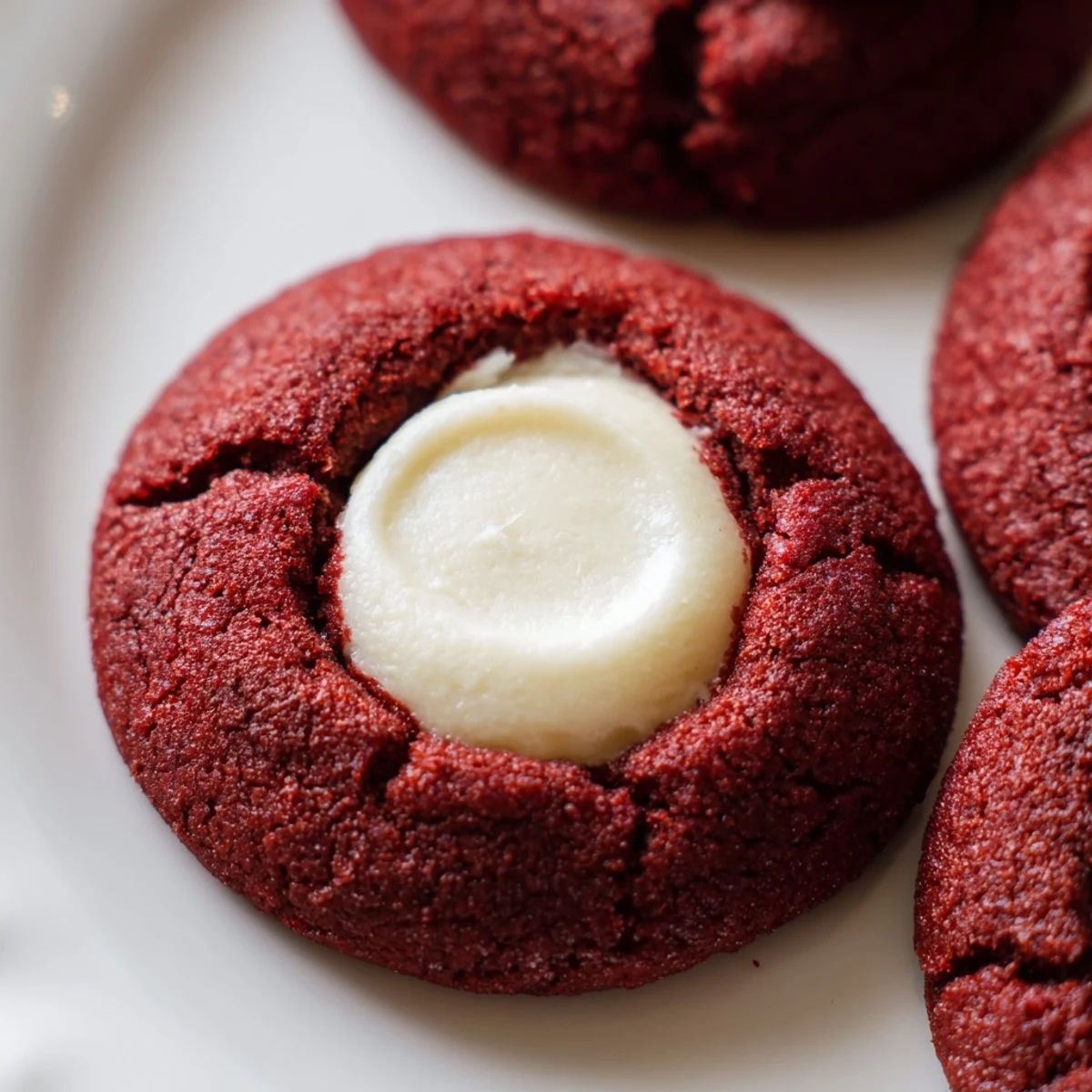 Red velvet thumbprint cookies with creamy cheesecake centers on a rustic white baking sheet
