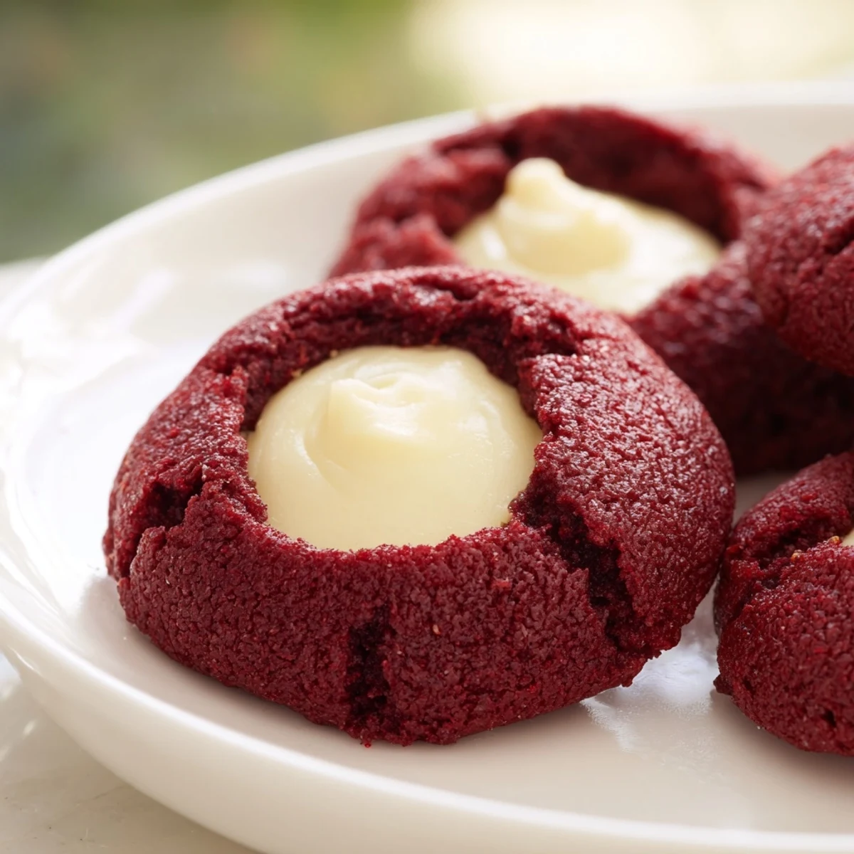 Bright red velvet thumbprint cookies topped with smooth cream cheese filling ready to serve