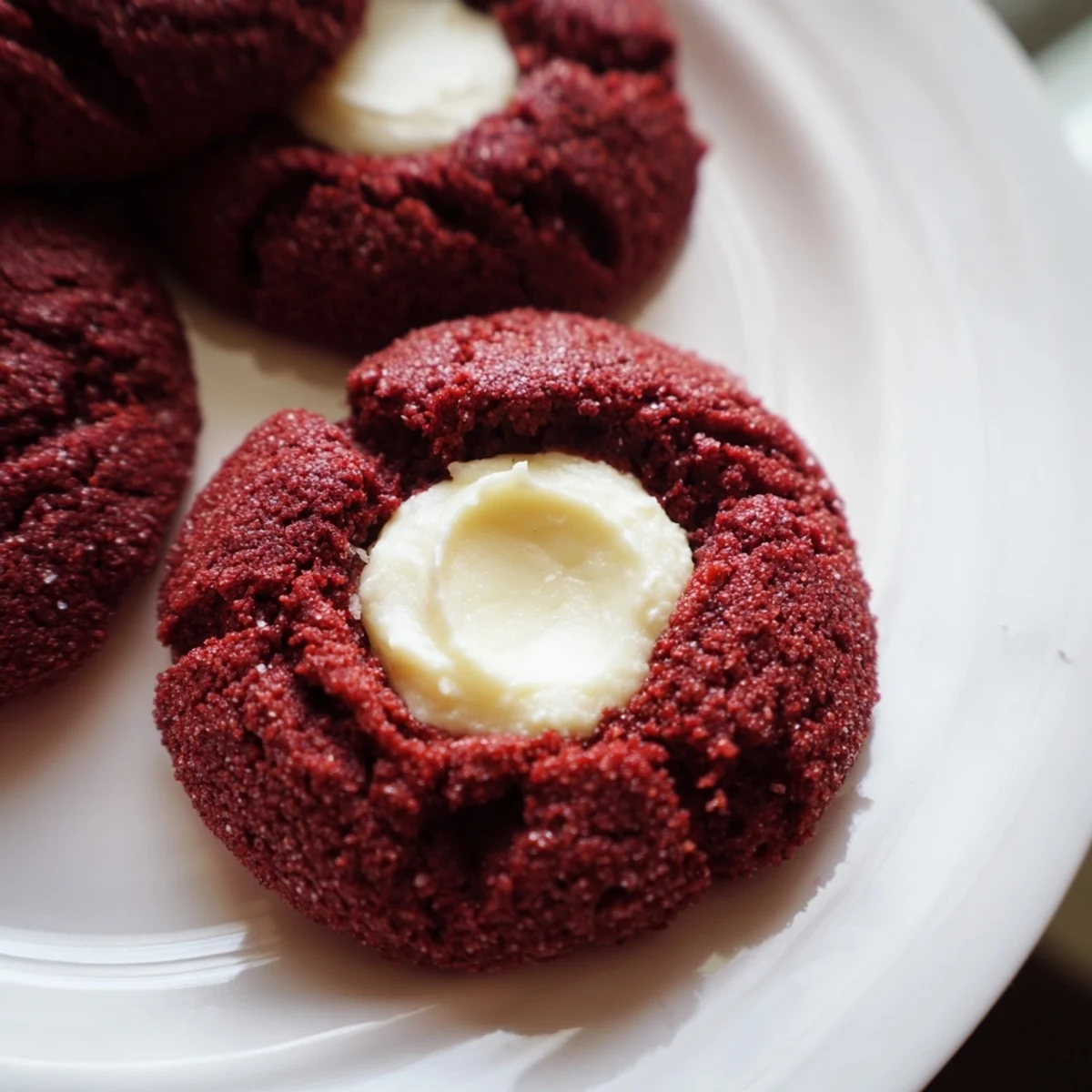 Tender cocoa-rich red velvet thumbprint cookies with indulgent cheesecake dollops for holiday dessert