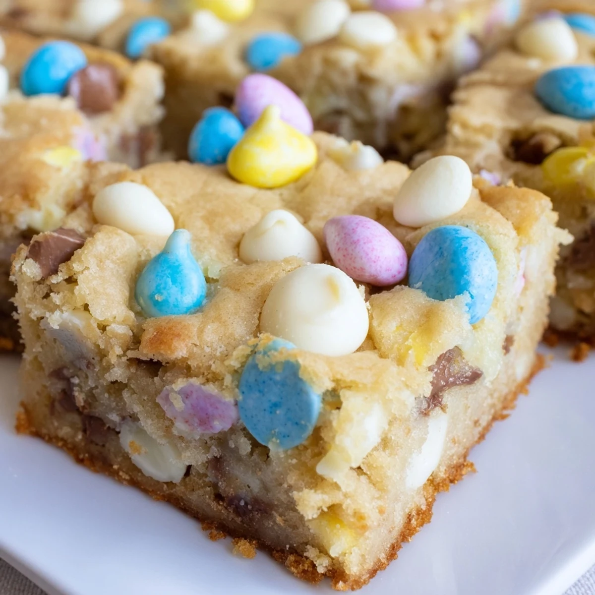 Golden brown Mini Cadbury Easter Egg blondies cut into squares showing rich buttery texture
