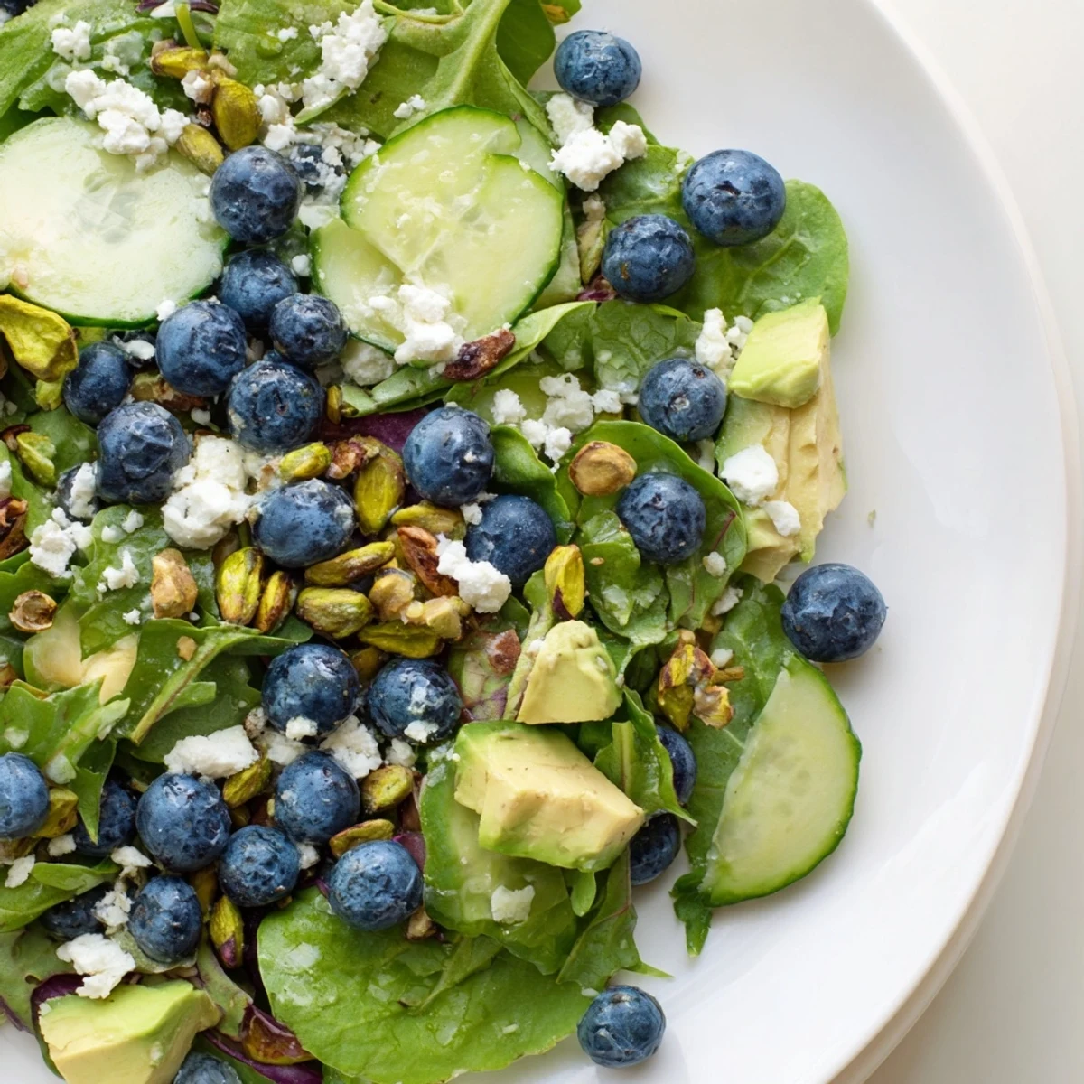 Fresh blueberry pistachio spring salad with creamy avocado and tangy feta on a white serving plate