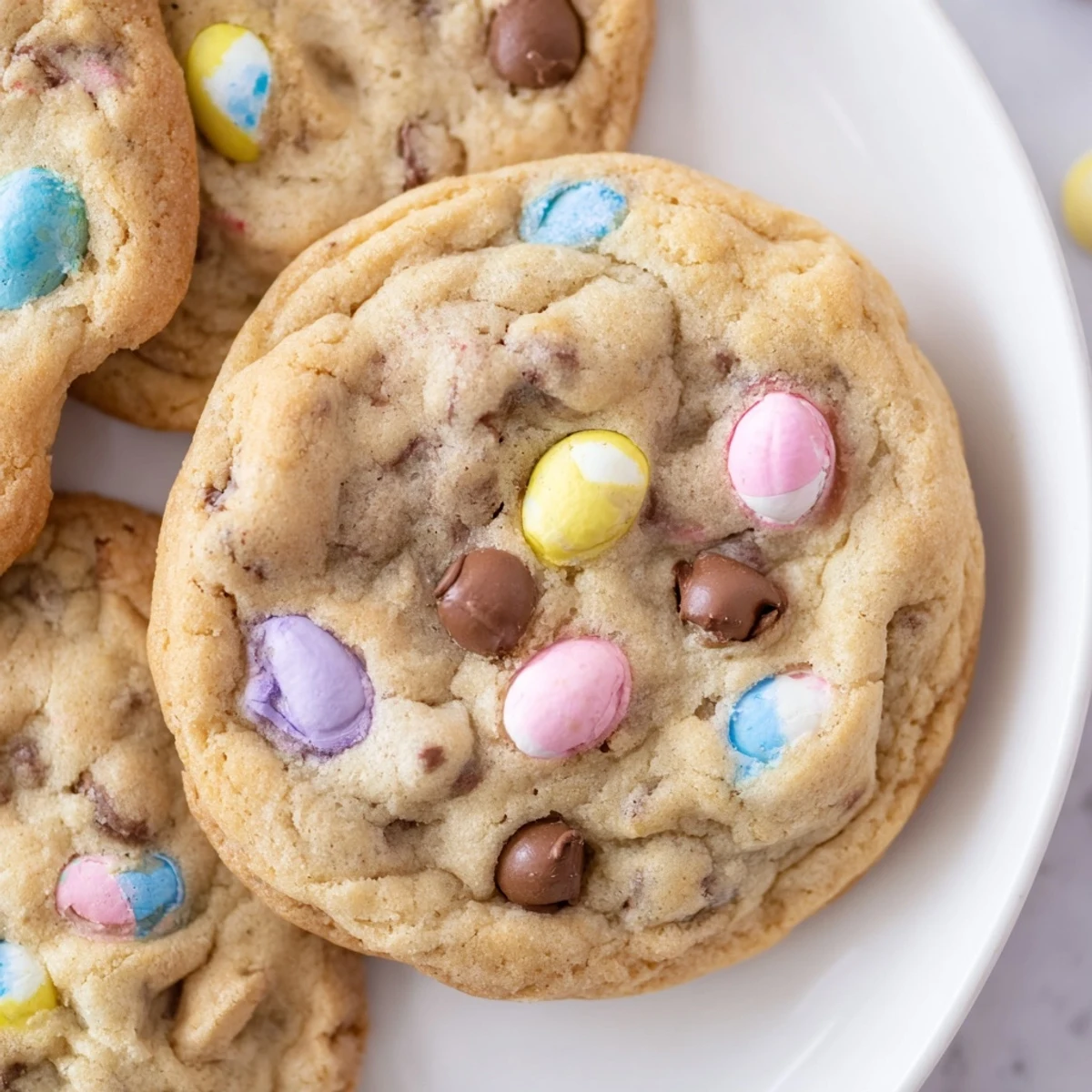 Soft chewy Cadbury Egg Cookies with colorful candy pieces on rustic baking sheet