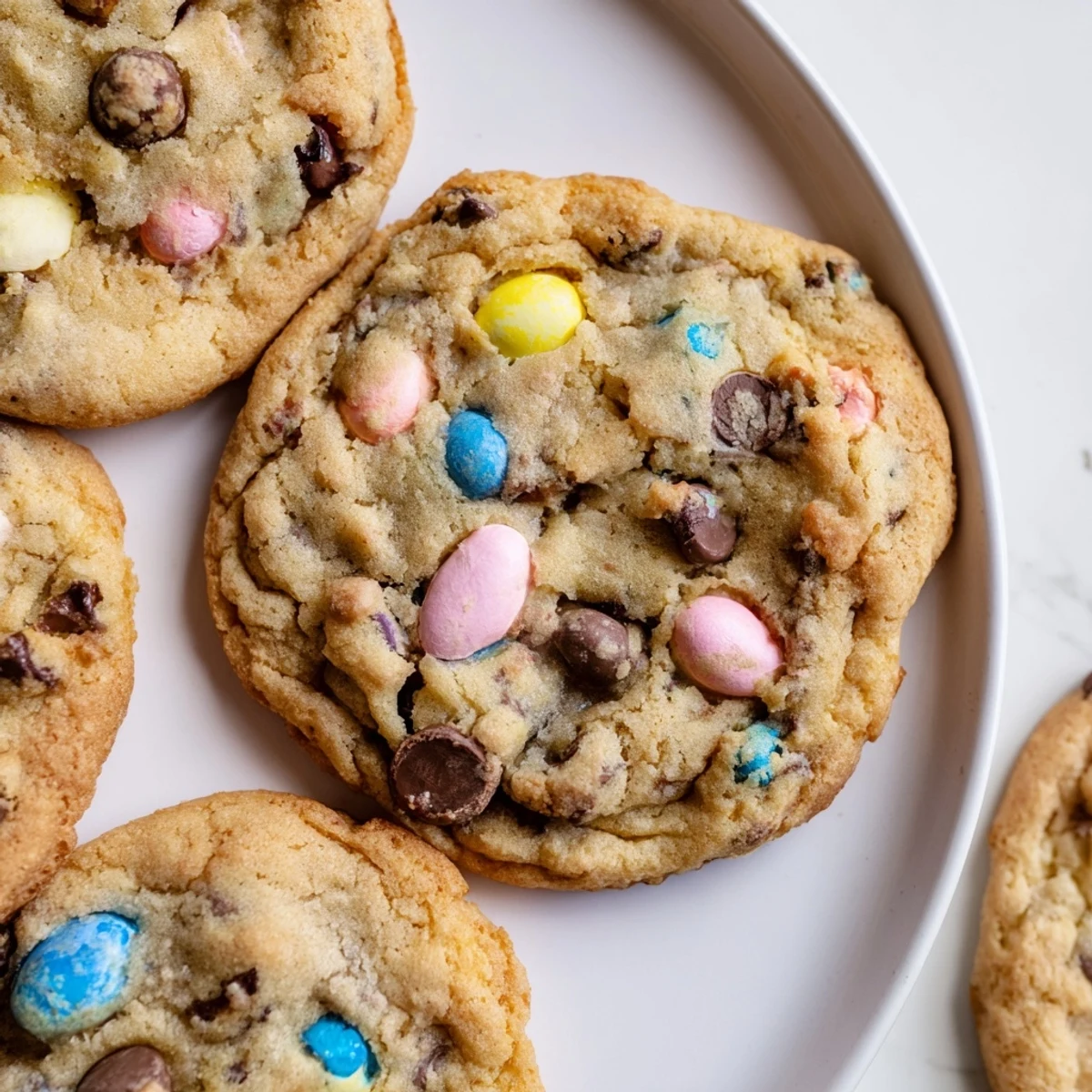 Golden brown Cadbury Egg Cookies studded with chocolate chips fresh from oven
