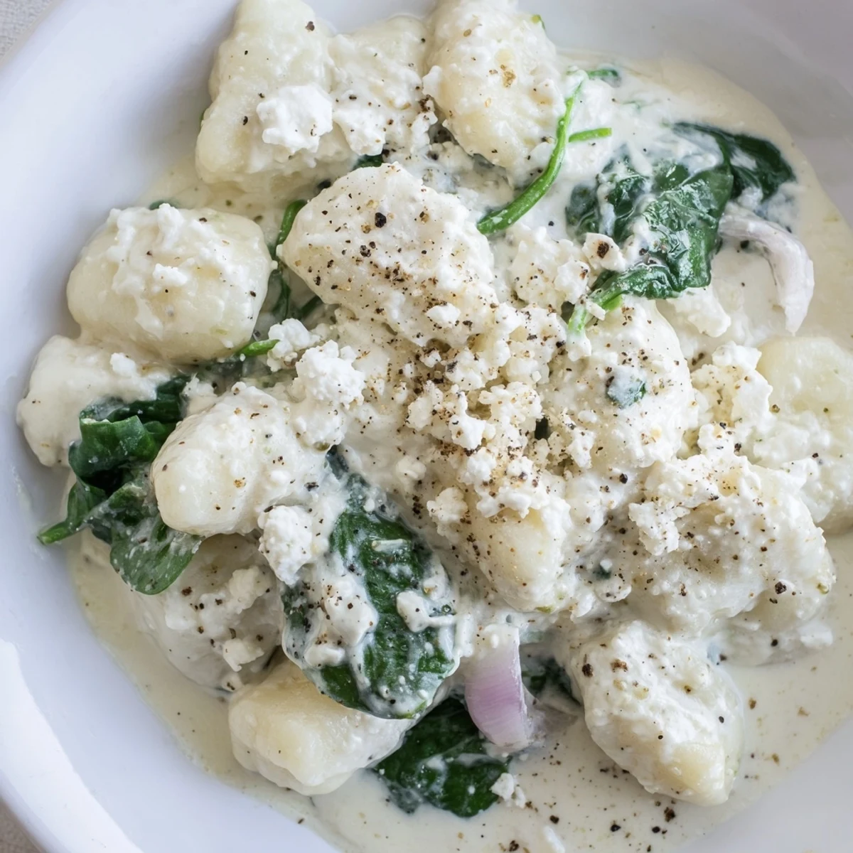Creamy gnocchi with spinach and feta topped with fresh cracked black pepper garnish