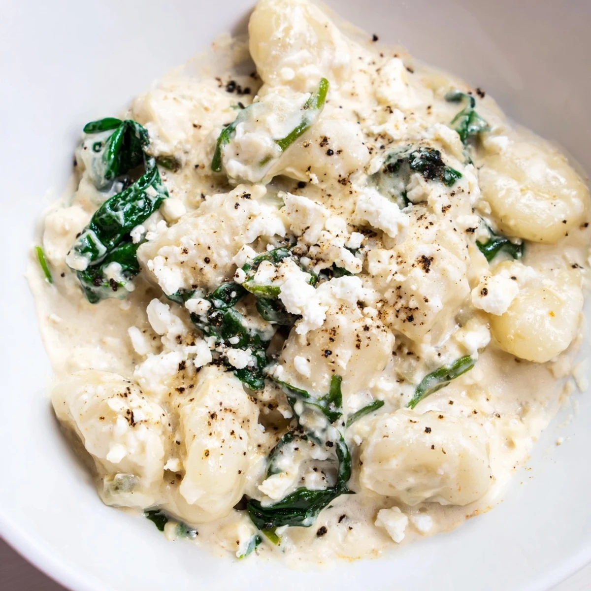 Soft potato gnocchi with spinach and feta glistening in rich white sauce